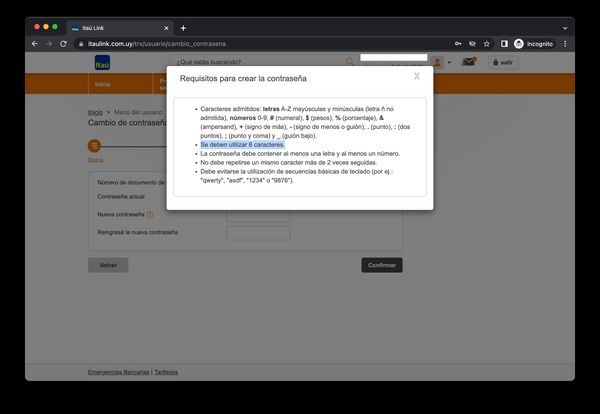 Itaú Bank dumb password rule screenshot